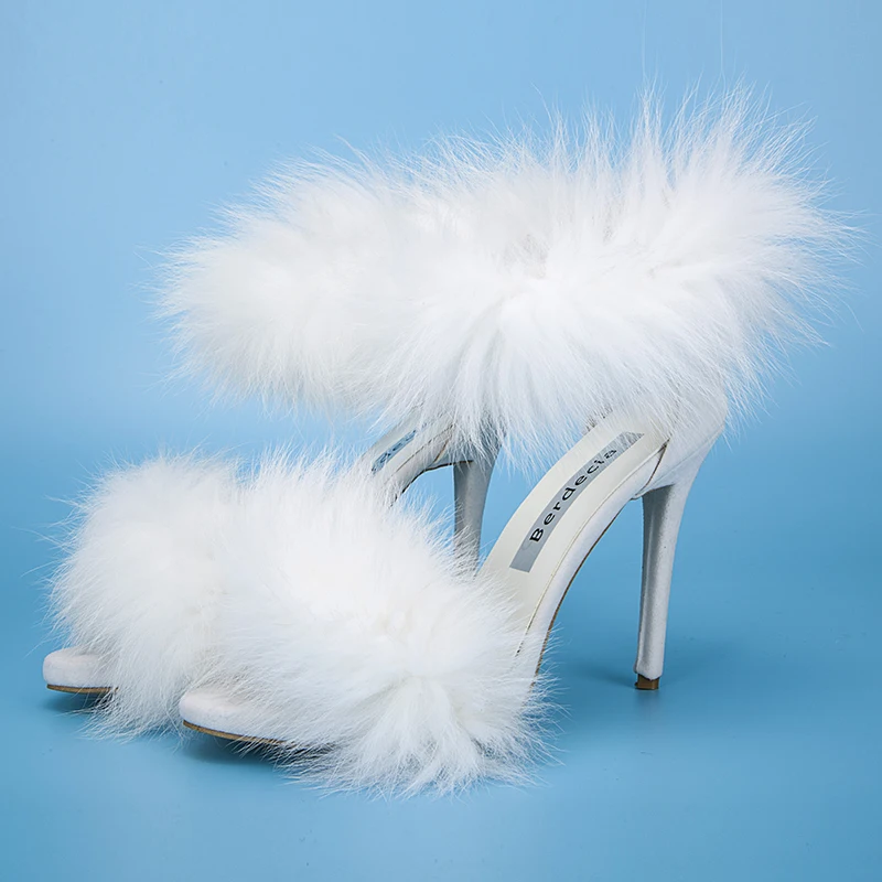 Berdecia 2017 Women Fashion White Faux Fur Sandals Zipper Thin High Heels Weeding Dress Pump Shoes Summer Female Shoes