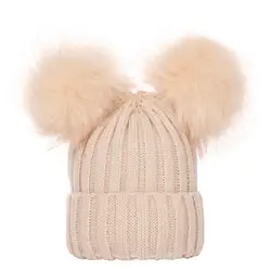 Модные для маленьких мальчиков обувь девочек зимние однотонные цвет вязаная шапка, шапочка Hairball теплые кепки милые капот enfant