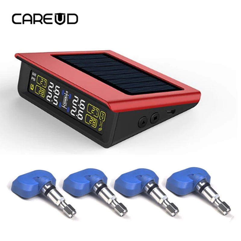 

Red CAREUD Solar Power USB Charge Car TPMS Wireless Tire Pressure Monitoring System with 4 Internal / External Sensors