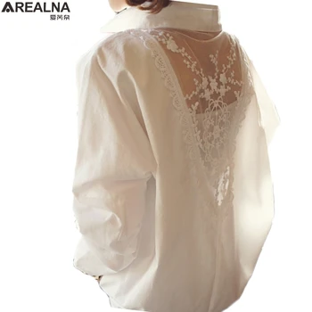 

2020 spring Sexy office lace blouse Women tops Fashion V-neck Long Sleeve loose white shirts Plus Size S-5XL blusa feminina