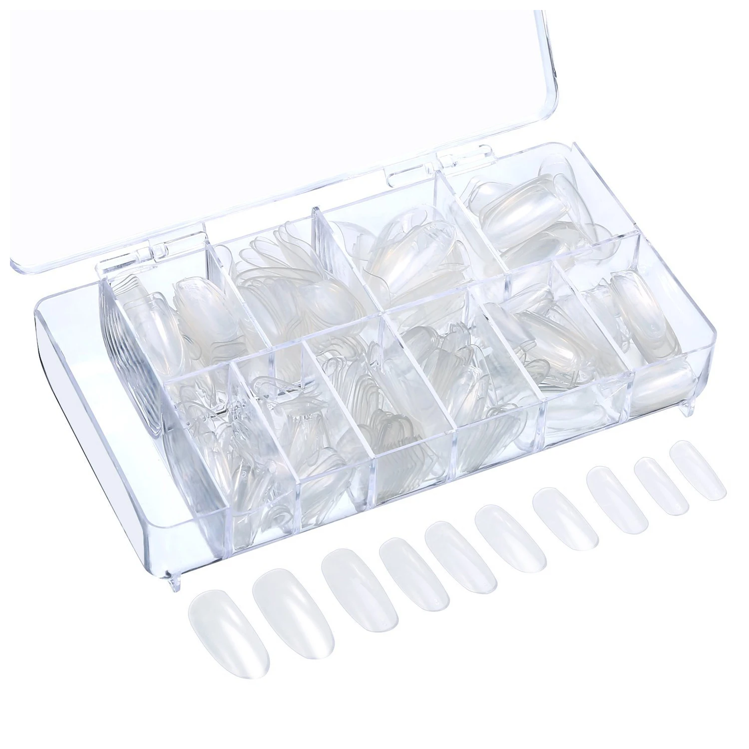 

JEYL Hot 500 Pieces Oval Fake Nail Tips Full Cover False Nails 10 Sizes with Clear Box for Nail Salons and DIY Nail Art, Clear
