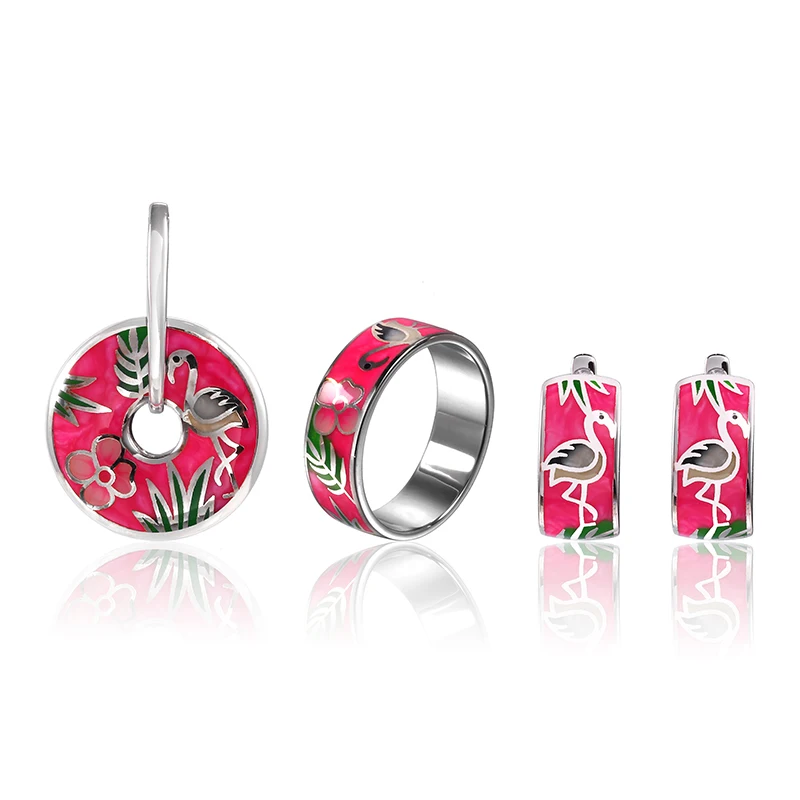 

Authentic 925 Sterling Silver Red Flamingo Enamel Flower Silver stub Earrings Pendant ring Jewelry Set For Women Fashion Jewelry