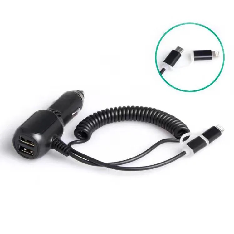 USB Car Charger For iPhone Samsung Mobile Phone Charger with Apple USB C 2 in 1 Spring Charging Cable Car Phone Charger 