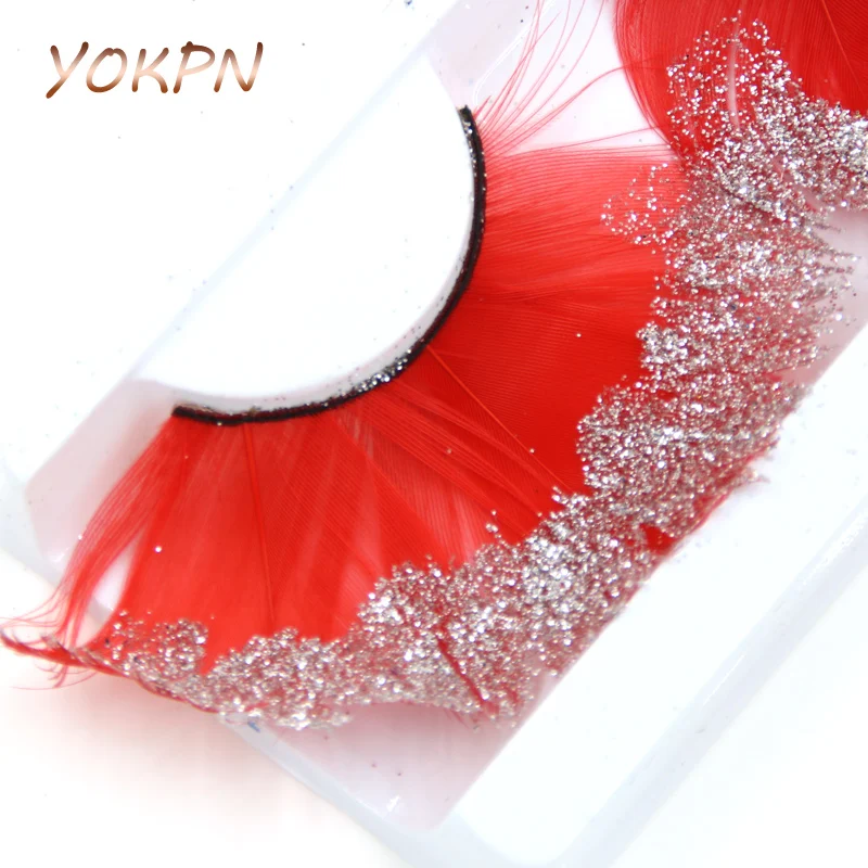 

YOKPN Exaggerated False Eyelashes Red Feathers Flashing Powder Handmade Thick False Eyelashes Latin Show Makeup Eye Lashes