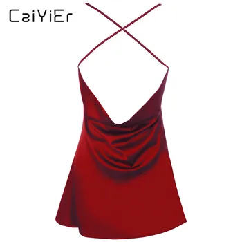 

Caiyier Women Silk Nightgowns Summer Sexy Deep V-Neck Solid Sleepwear Spaghetti Strap Wine Red Night Dress Nightwear ZH7301