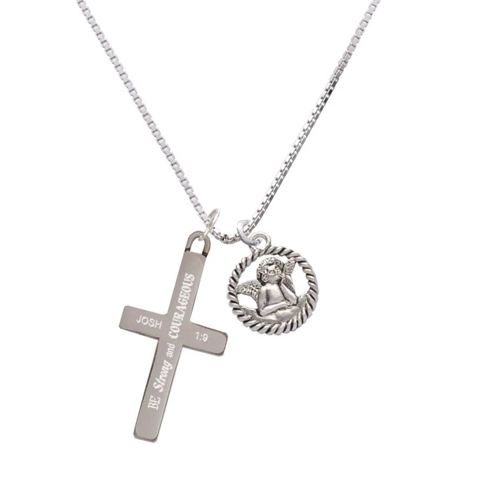 Raphael Angel in Rope Wreath - Strong and Courageous - Cross Necklace