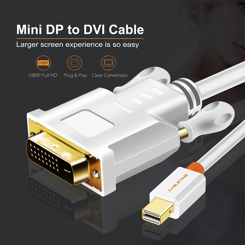 CABLETIME الصاعقة البسيطة Displayport البسيطة موانئ دبي إلى DVI محول الكابل ل ماك بوك برو AiMini محمول التلفزيون العارض محول N014