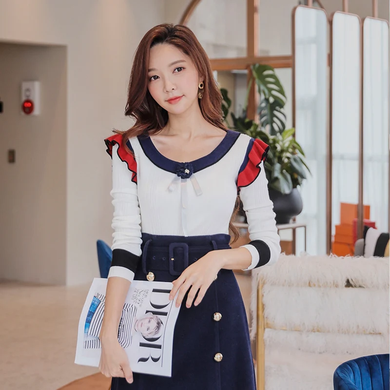 Dabuwawa Spring Autumn Sweater Women Girls Sweet Butterfly Sleeve O-Neck Ruffled Patchwork Pullover Tops D18DJS008 | Женская одежда