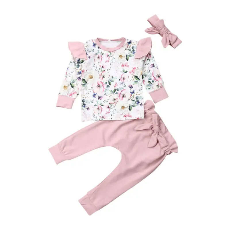 

3-24M Flower Newborn Baby Girls Clothing Set Long Sleeve Floral Ruffles T shirts + Bow Pants + Headband Outfits Baby Costumes