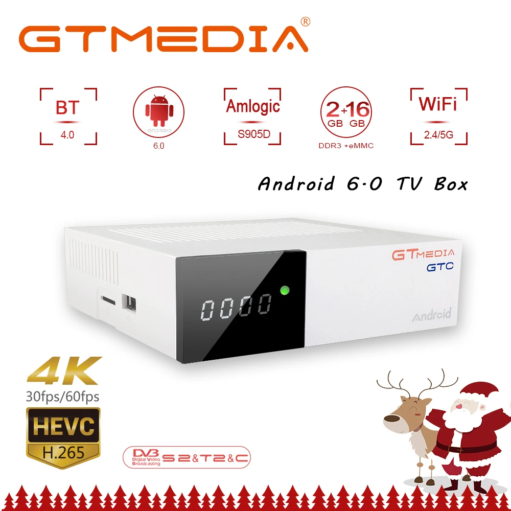 

FREESAT gtmedia GTC Android 6.0 TV BOX DVB-S2/T2/Cable/ISDBT Amlogic S905D 2GB RAM 16GB ROM freesat + 1 year free CCcam gift