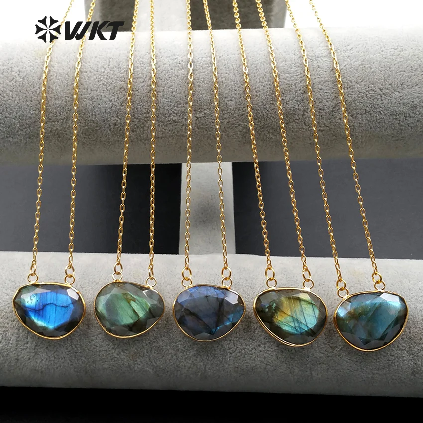 

WT-N968 Wholesale Custom Natural Labradorite Stone Double Loop Pendan Necklace With Gold Color Chain In Various Stone Jewelry