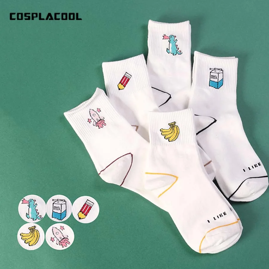 

Women's Kawaii Milk Banana Dinosaur Pencil Cartoon Socks meias Novelty Illustration Letter White Cute Cotton Sock