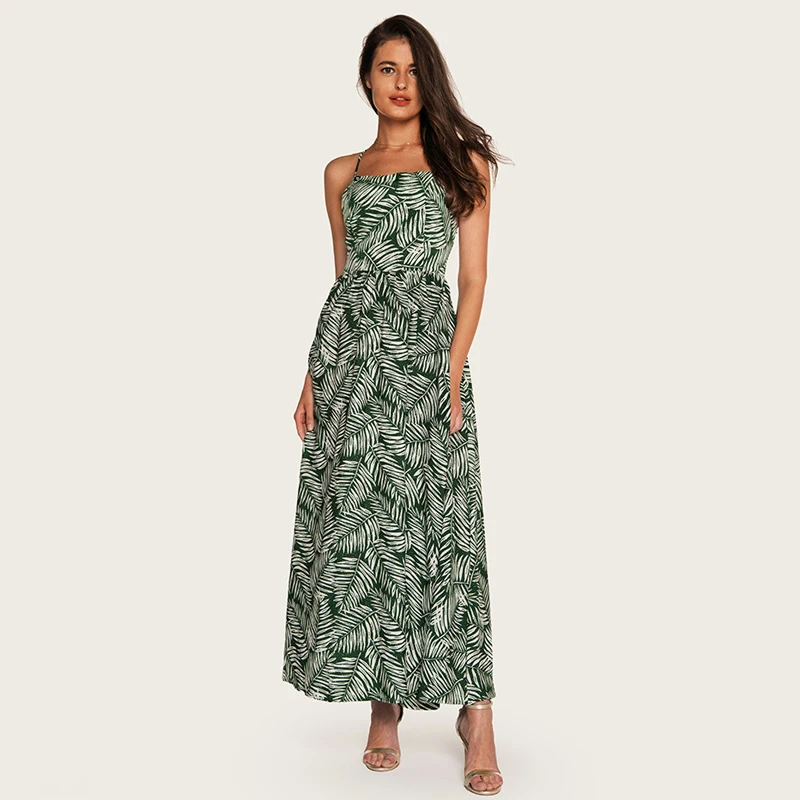

AcFirst Summer Green Khaki Women Long Dresses Printed Backless Halter Holiday Sexy Plus Size Sundress Dresses Beach Style