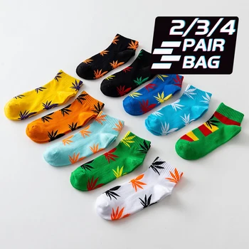 

NEW 2/3/4 Pairs Men's Socks New Maple Leaf Socks In Tube Cotton Skateboard Hemp Leaves t Sports Socks