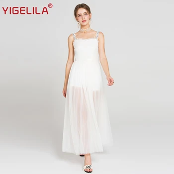 

YIGELILA Summer Women Long Party Dress Fashion Women Sexy Letters Spaghetti Strap Empire Slim White Maxi Backless Dress 62918