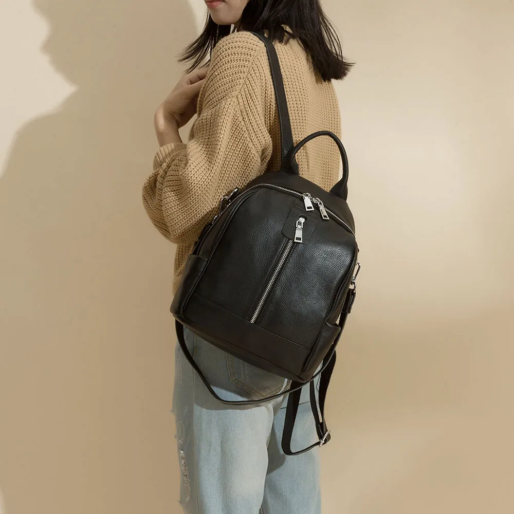  Zency Fashion Women Backpack 100% Cowhide Genuine Leather Black Travel Bags Girl's Schoolbag Notebo - 32961077045