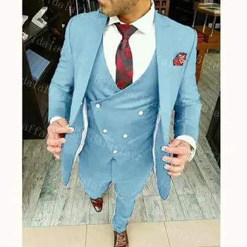 

Bridalaffair Sky Blue Mens Suit Slim Fit One Button Peak Lapel Tuxedo for Party Wedding Young Men Nightclub Blazer+Vest+Pants)