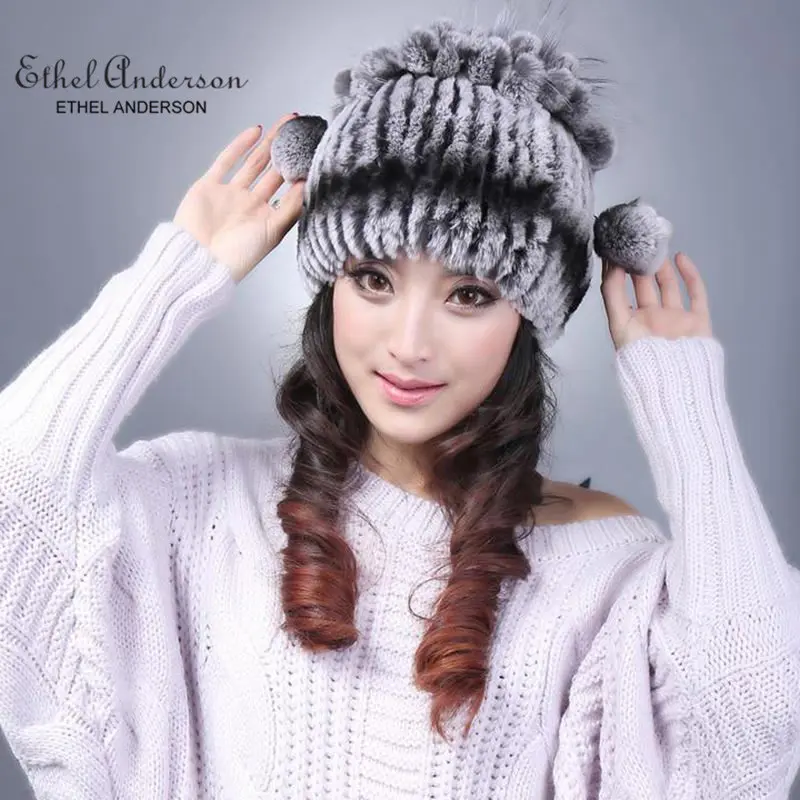 

ETHEL ANDERSON Women Real Farm Rex Rabbit Fur Beanie Ski Hat Cap Headwear Genuine Fur Beanies skullies Two Balls Special Style