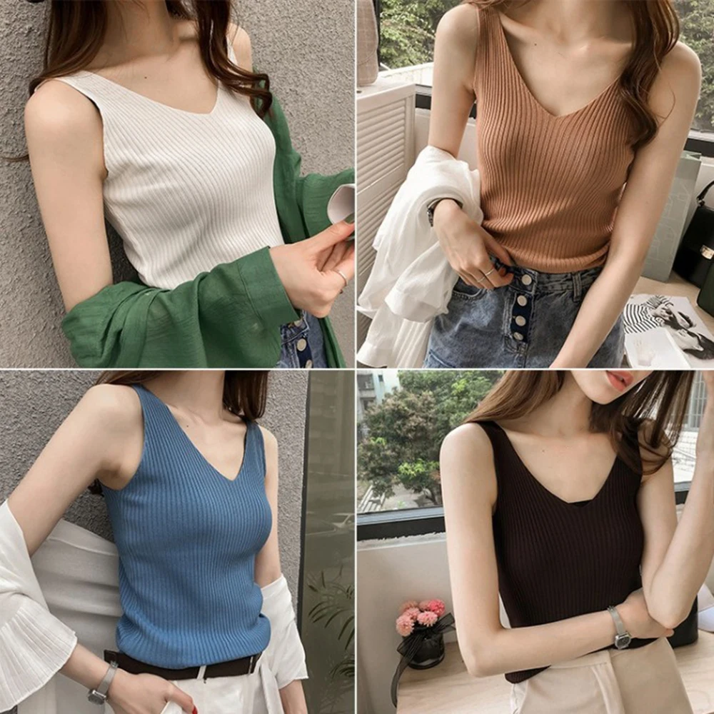 

Women Summer Knitted Crop Top Tank tops Female Plus size Sleeveless Sexy V Neck Vest Ladies Casual Streetwear Camis
