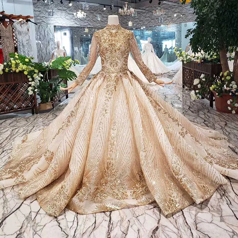 LS20470 роскошное мусульманское свадебное платье с высоким воротом и блестящими пайетками, на шнуровке сзади, с аппликацией ручной работы, свадебное платье золотого цвета - Цвет: as picture