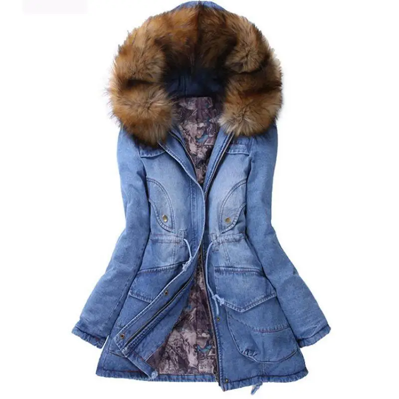 Winterjas Dames 2015 Women Denim Jacket With Fur Hood Long Sleeve Warm