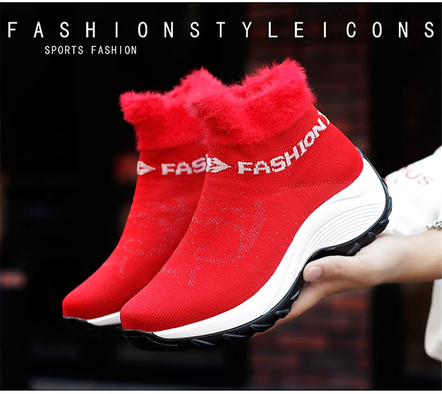 2019Winter Women Sneakers Fashion Platform Wedges Shoes Woman Slip-on Snow Boots Ladies Warm Fur Sock Boots Shoes Big Size 41 42