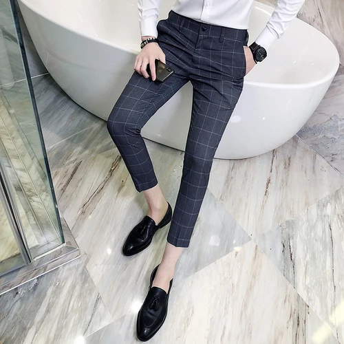 Новые мужские брюки длиной до щиколотки облегающие деловые повседневные мужские клетчатые полосатые брюки размер S M L XL 2XL 3XL 4XL - Цвет: Серый