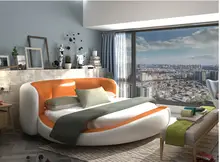 Lit en cuir de vache véritable, doux, rond, unique, de styliste, chambre à coucher