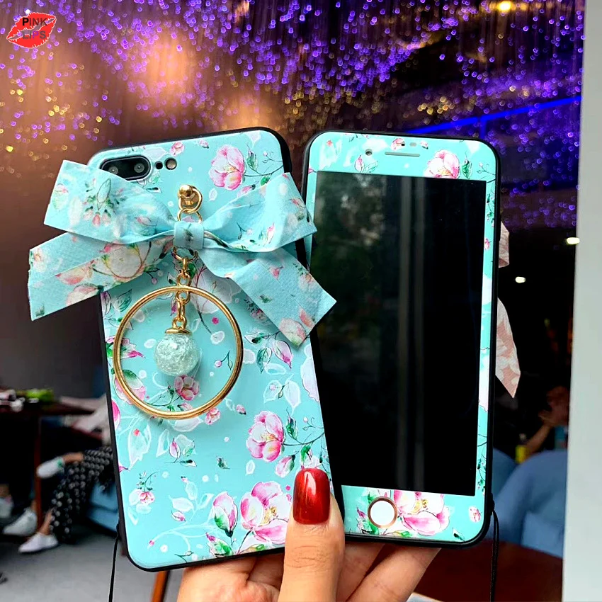 PINK LIPS Brand For iPhone XS Max XR 3D flower Case +Tempered Glass Screen film Cartoon Floral case for iPhone 6 6S 6 7 7plus 10 (17)