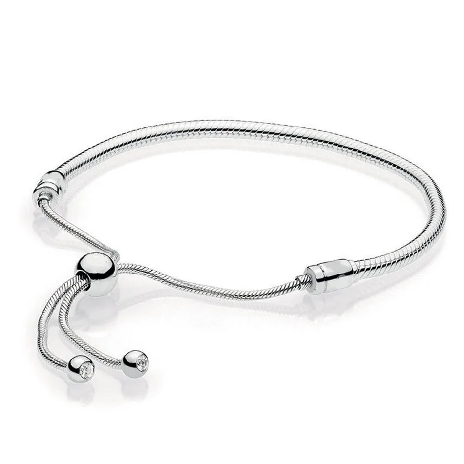

S925 Sterling Silver Bangle for Women Sliding Bracelet Clear CZ Signature Resizable Chain fit Lady Beads Charms Pendant