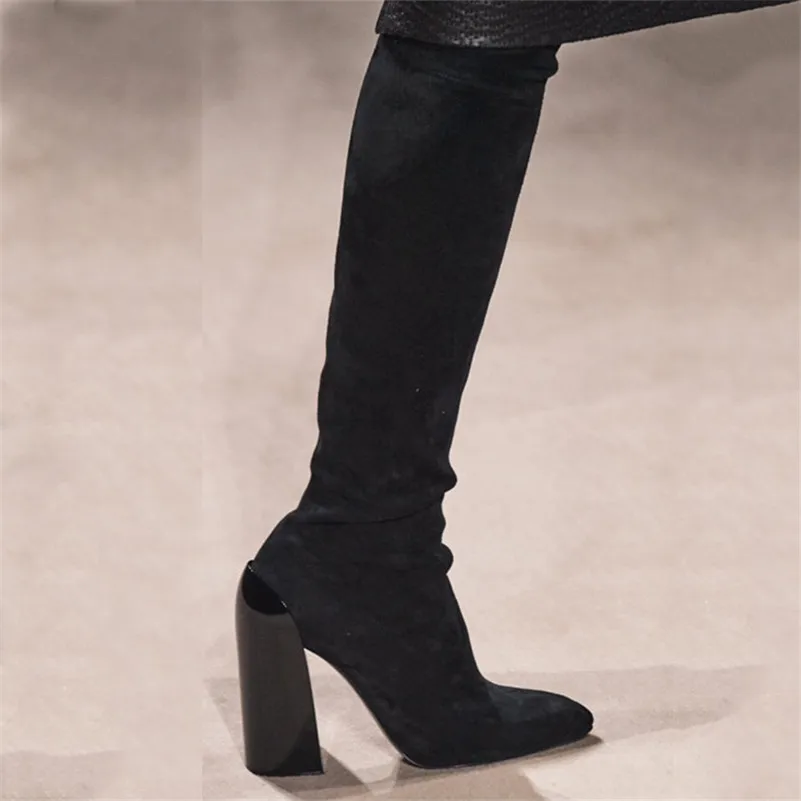 FEDONAS теплые осень-зима женские ботфорты выше колена из флока; Узкие высокие сапоги с теплым носком Модная обувь на высоком каблуке Туфли для выпускного вечера Женские