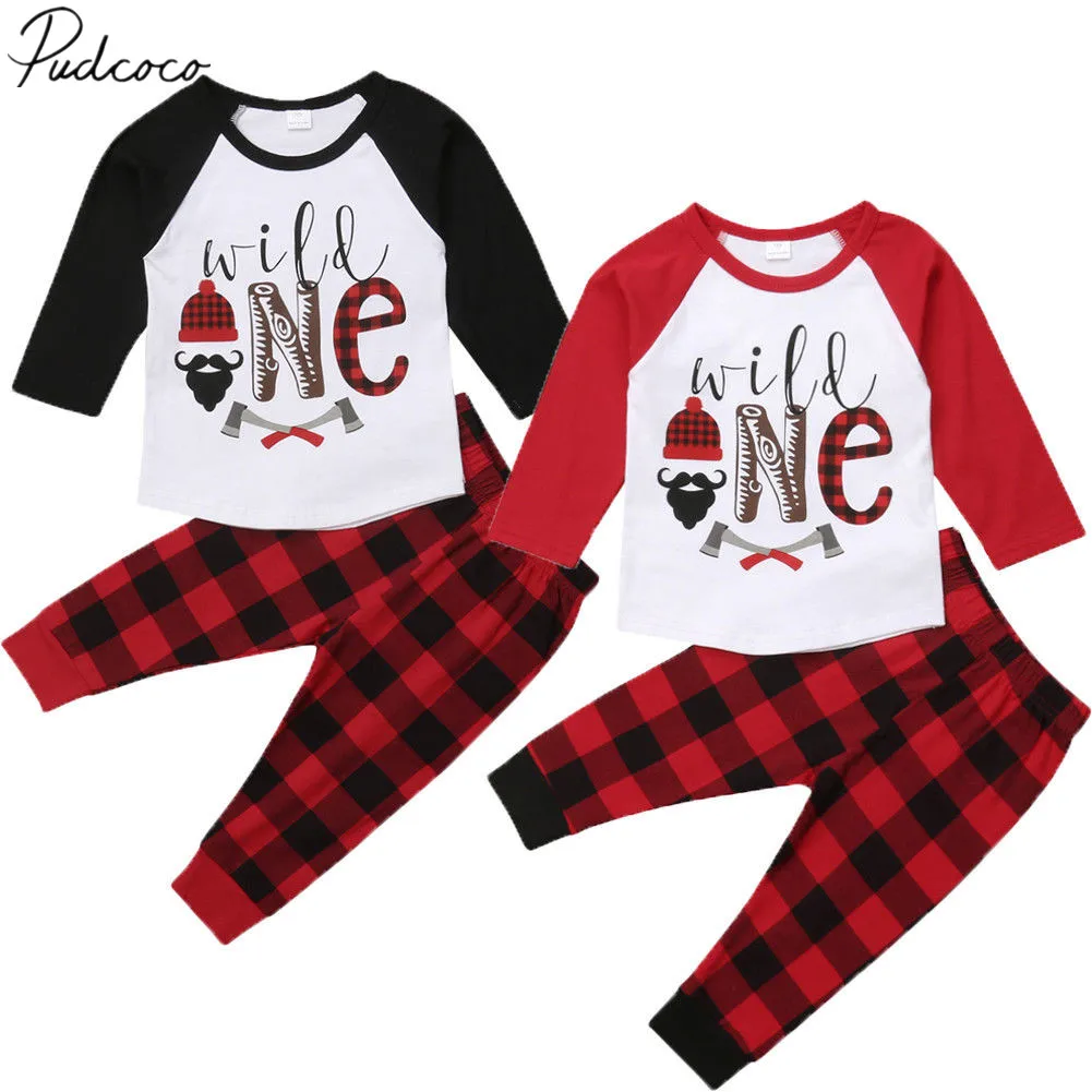 

2018 Brand New Xmas Causal Toddler Baby Girls Boys 2PCS Sets Long Sleeve One Letter Print Pullover Tops+Plaid Pants 6M-5Y