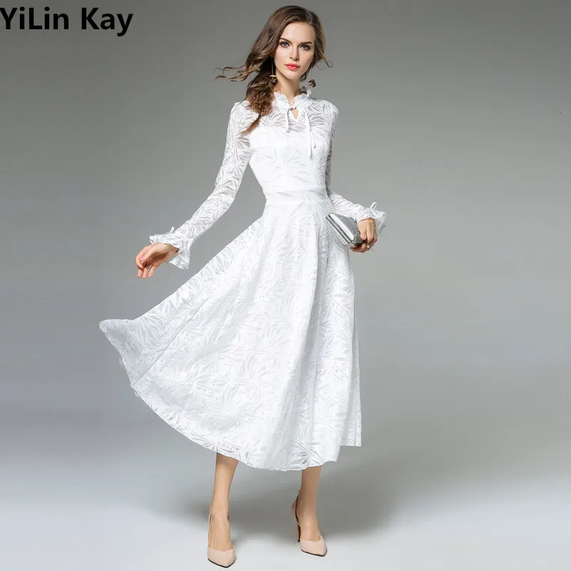 

YiLin Kay 2019 New Fashion women White thin lady lace dress.flare sleeve stand collar Hollow out long Dress