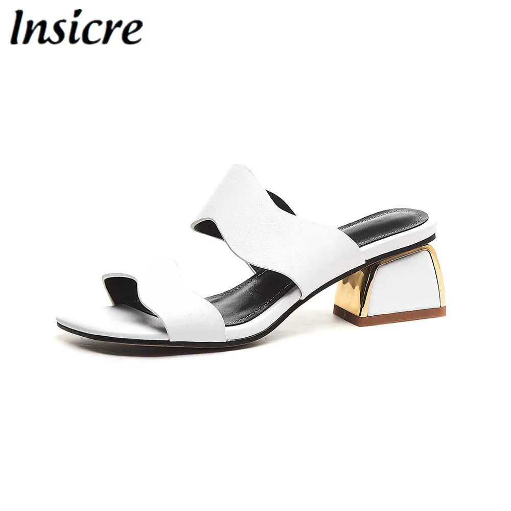 

Insicre 2019 classics woman sandals big size 33-43 genuine leather mid heel 6 cm cow leather woman summer square heel shoes