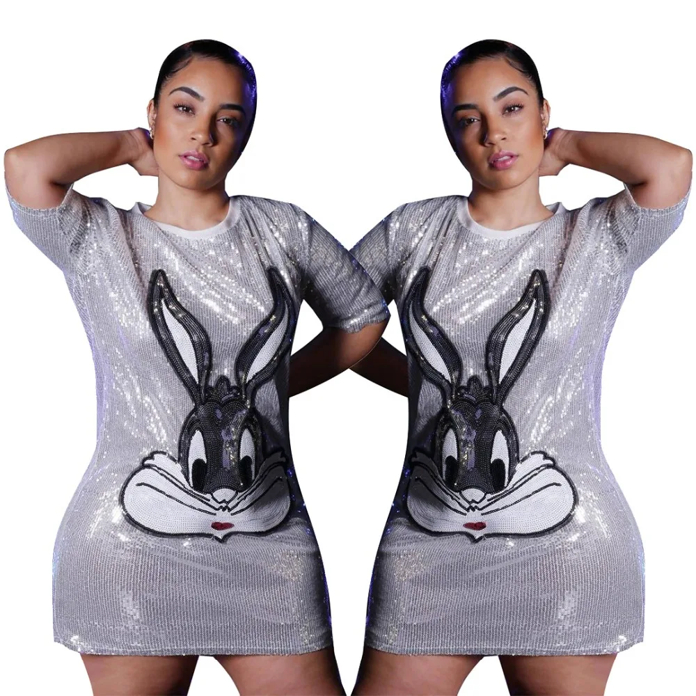 Bugs Bunny Sequined Spliced Bling Bling Dress Summer Short Sleeve Mini