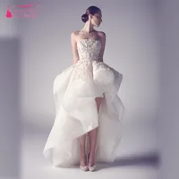 Elegant Strapless Lace Muslim Arabic Wedding Dresses 2016 High Back Low Front Applique Ball Gown Formal Bridal Gowns