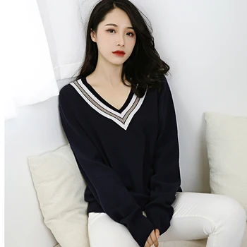 

Autumn High Quality 100% Pure Cashmere Sweater Large V-neck Stitching Sweater Women's Long-sleeved Soft And Comfortable Pullover