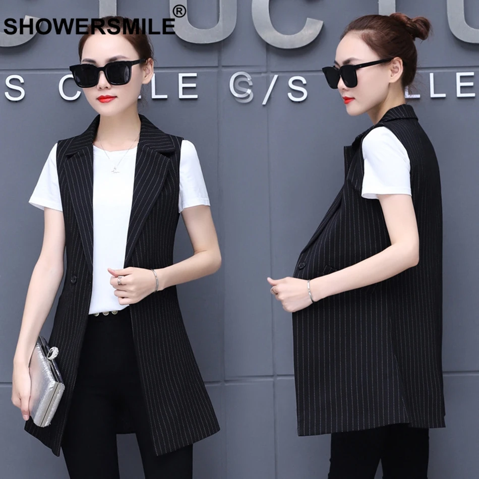 SHOWERSMILE Striped Waistcoat Ladies Black Vest Women Formal Office Long Suit Vests Elegant Autumn Sleeveless Jackets Gilet 2018