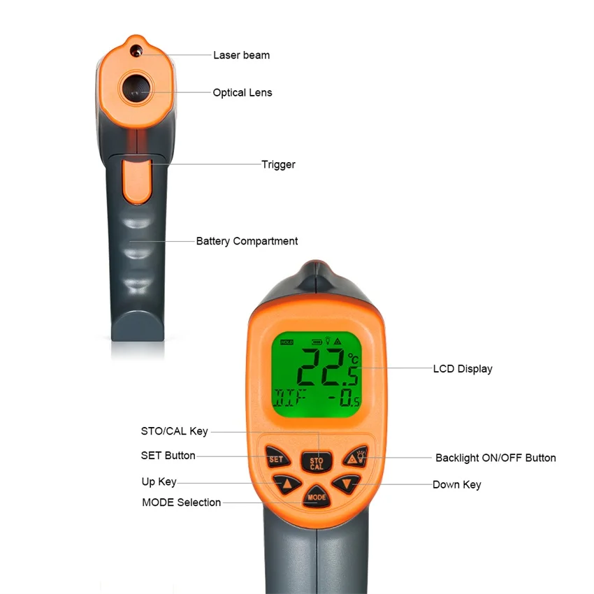 AT800 Digital Infrared Thermometer -32~800 C Non-Contact laser IR Temperature Gun Pyrometer teste Aquarium Emissivity Adjustable