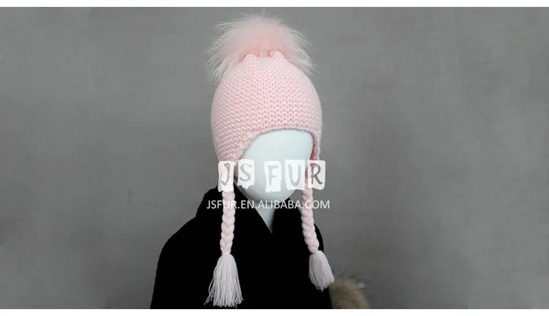 Новая тёплая зимняя полушерстяная вязанная детская шапочка с завязками и помпоном того же цвета из натурального меха енота, для детей возраста 12-36 месяцев