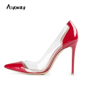 

Pointed Toe High Heels Pumps Patent Leather PVC Aiyoway Women Shoes Autumn Spring Party Shoes Thin Heels Slip-On Red Black