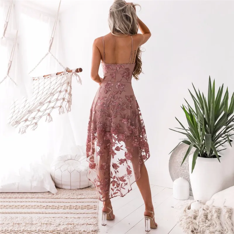 

Embroidery Sexy Sling Summer Spring Pink Flower Lace Mesh Party Dresses With Open Back Women Club Casual Vintage Beach Sundress