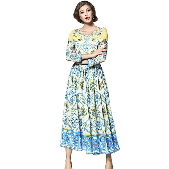 European Style Runway Vintage Dress Women 3/4 Sleeve Ethnic Floral ...