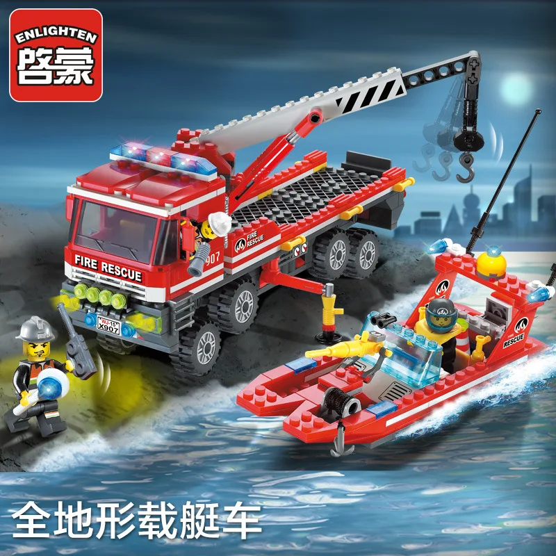 

417pcs City AT Fire Engines Carrier Boats Rescue Ships Truck 3D 907 Model Building Blocks Kit Children Toy Compatible with legoe
