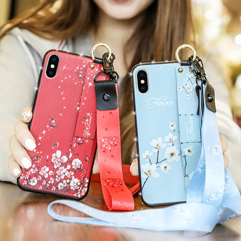 

Wrist Strap Soft TPU Phone Case For iphone X Xs max XR Case For iphone 6 6s 7 8 plus Flower Pattern Phone Holder Case On SX RX