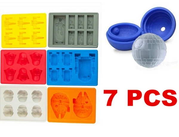  2015 Popular 7pcs Death Star Wars Darth Vader Storm Trooper R2D2 Falcon X-Wing Hans Solo Silicone Mold Ice Cube Tray Chocolate 