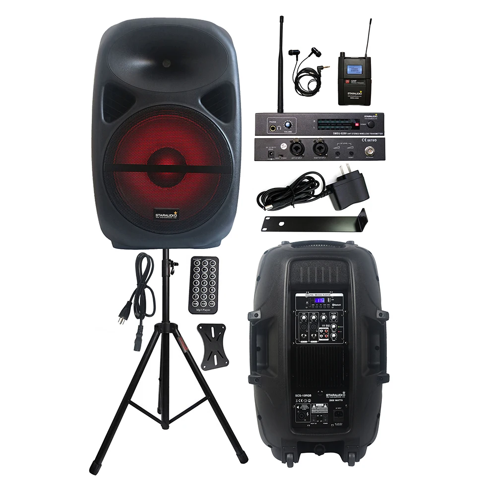 

STARAUDIO 15 Inch PA 2500W DJ Audio Speaker KTV Powered Active Stage Stand 1CH Wireless UHF Headset Monitor Microphone SCS-15RGB