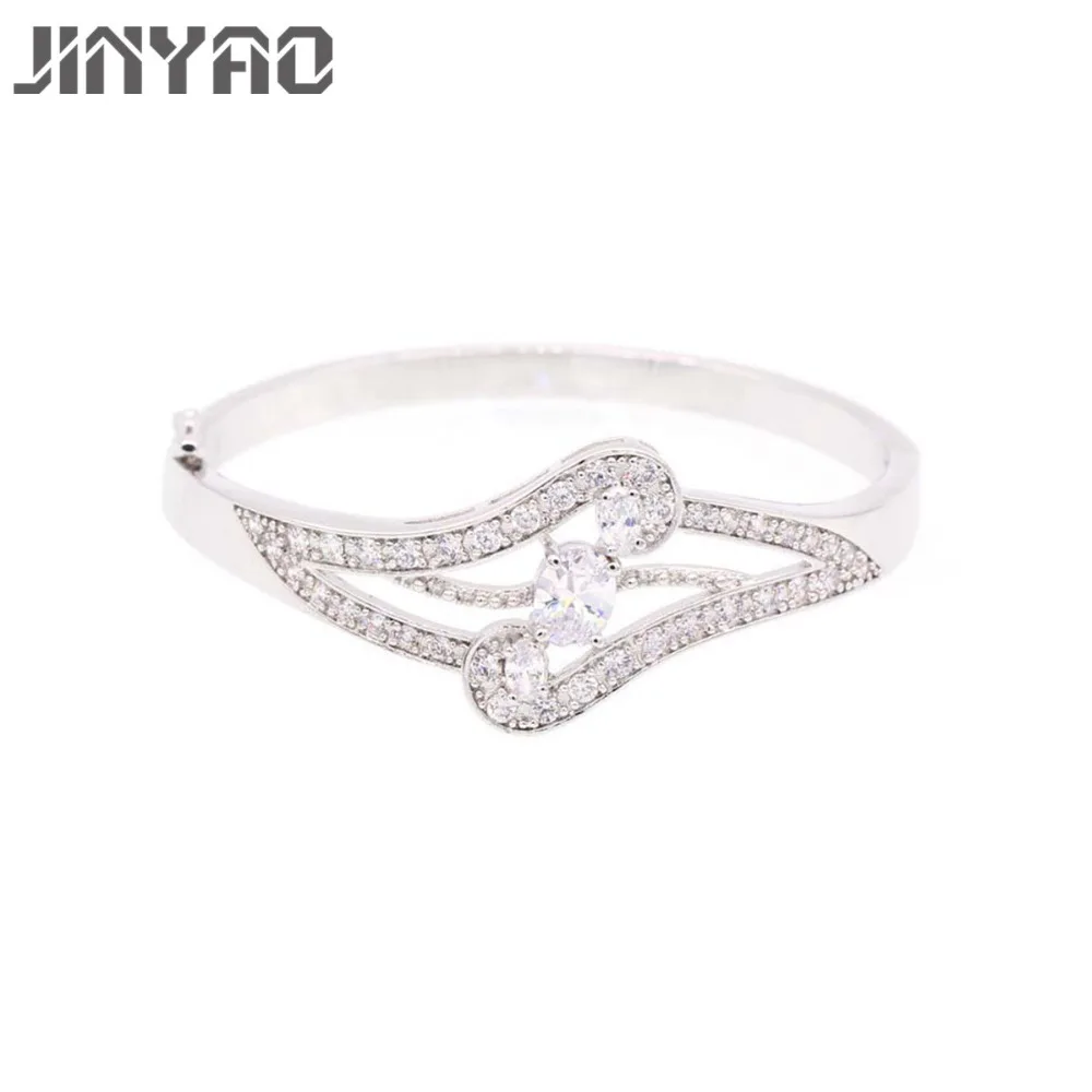 JINYAO Fashion Charm White Gold Color Zircon Lucky Cuff Bracelet Bangle