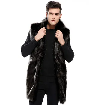

New Winter Fashion Men Fox Fur Coat Faux Fur Slim Fit Leather Jacket,Casual Sleeveless Vest Long Overcoat Section