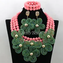Удивительные нигерийские ожерелья из бисера Свадебные персиковые розовые кораловые бусы Набор африканская бижутерия набор зеленый цветок для женщин CJ642